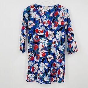 J. Crew Size XXS Blue & Red Floral 3/4 Sleeve V Neck Tissue Tunic Top Coverup